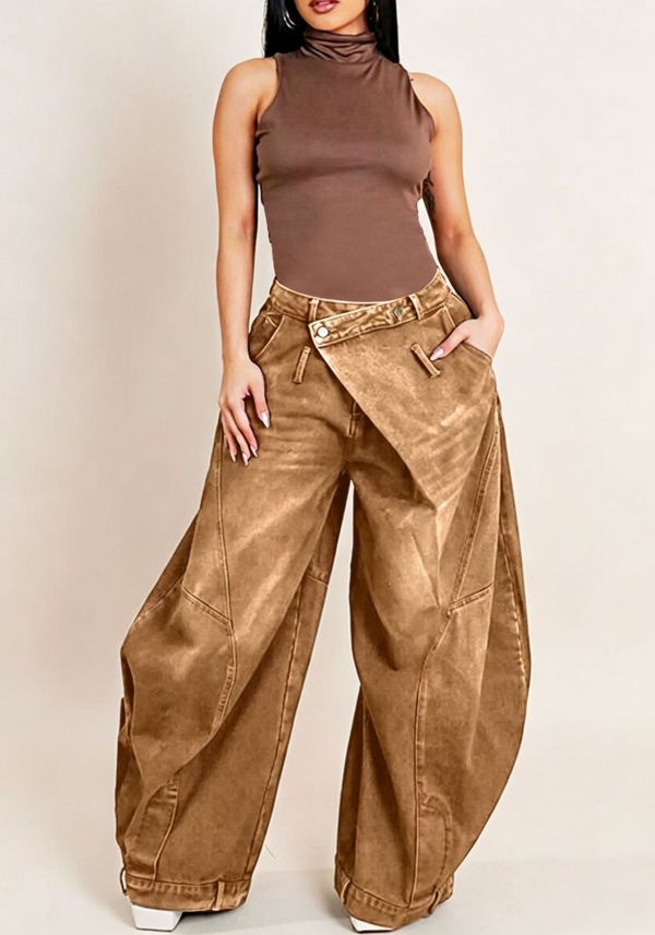 Women Washed Denim Wide Leg Pants With Pockets