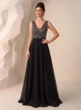 Women Deep V-Neck Sleeveless Sequined Patchwork Chiffon Maxi Dress