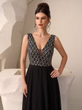 Women Deep V-Neck Sleeveless Sequined Patchwork Chiffon Maxi Dress