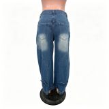 Women Washed Denim Wide Leg Pants With Pockets