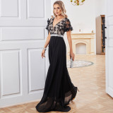 Women V-Neck Bubble Short Sleeve Mesh Pattern Patchwork Chiffon Dress