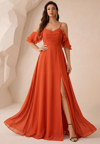 Women Thin Strap Backless Pleated Slit Chiffon Maxi Dress