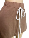 Women's Turndown Collar Zip Top & Drawstring Mini Skirt Two-Piece Set