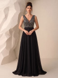 Women Deep V-Neck Sleeveless Sequined Patchwork Chiffon Maxi Dress