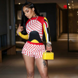Women Summer Hip Hop Color-Blocked Top Polka Dot and Drawstring Shorts Two-Piece Set