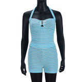 Women Striped Color-Blocked Off-Shoulder Camisole Top and Shorts Two-Piece Set