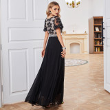 Women V-Neck Bubble Short Sleeve Mesh Pattern Patchwork Chiffon Dress