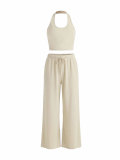 Women's Halter Neck Slim Fit Tank Top & Drawstring Wide Leg Pants Casual Sports Set