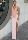 Women Summer V Neck Lace Hollow-Out Patchwork Slit Dress