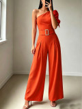 Women Spring/Summer One-Shoulder Sleeve Solid Jumpsuit