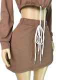Women's Turndown Collar Zip Top & Drawstring Mini Skirt Two-Piece Set