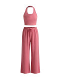 Women's Halter Neck Slim Fit Tank Top & Drawstring Wide Leg Pants Casual Sports Set