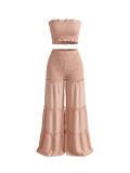 Women's Strapless Ruched Crop Top & Ruffle Wide Leg Pants Casual Two-Piece Set