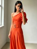 Women Spring/Summer One-Shoulder Sleeve Solid Jumpsuit