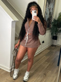Women's Turndown Collar Zip Top & Drawstring Mini Skirt Two-Piece Set