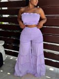 Women's Strapless Ruched Crop Top & Ruffle Wide Leg Pants Casual Two-Piece Set