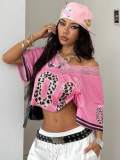 American Retro Sporty Digital Print Off-Shoulder Mesh Jersey Top