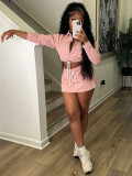 Women's Turndown Collar Zip Top & Drawstring Mini Skirt Two-Piece Set