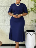 Summer African Women's Solid Round Neck Short Sleeve Career Slim Fit Plus Size Dress