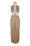 Holidays Women's Hollow Knit Halter Neck Deep V Chain Low Back Beach Cover-Up Maxi Dress