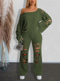 Women's Ripped Off-Shoulder Long Sleeve Top & Ripped Pants Sports Two-Piece Set