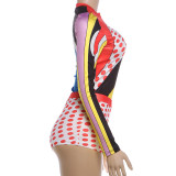 Women Summer Hip Hop Color-Blocked Top Polka Dot and Drawstring Shorts Two-Piece Set