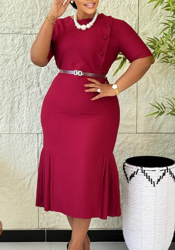 Summer African Women's Solid Round Neck Short Sleeve Career Slim Fit Plus Size Dress