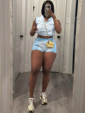 Women's Striped Print Half-Zip Sleeveless Top & Patchwork Shorts Two-Piece Set