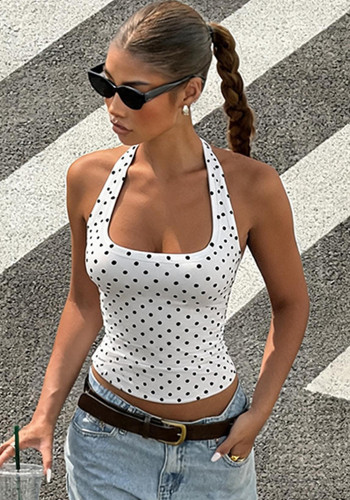 Women Polka Dot Halter Neck Backless Tank Top