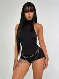 Women Black Stretch Halter Neck Hollow-Out Jumpsuit