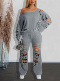 Women's Ripped Off-Shoulder Long Sleeve Top & Ripped Pants Sports Two-Piece Set