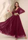 Women V-Neck Pleated Embroidered Chiffon Dress