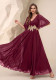 Women V-Neck Pleated Embroidered Chiffon Dress