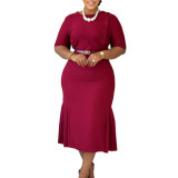 Summer African Women's Solid Round Neck Short Sleeve Career Slim Fit Plus Size Dress