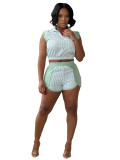 Women's Striped Print Half-Zip Sleeveless Top & Patchwork Shorts Two-Piece Set