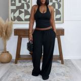 Women's Halter Neck Slim Fit Tank Top & Drawstring Wide Leg Pants Casual Sports Set