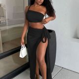Summer Women's Sexy One-Shoulder Strapless Top High Slit Long Skirt Two-Piece Set