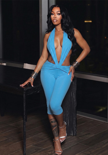 Women Spring/Summer V-neck Halter Neck Backless Solid Gathered 3/4 Length Jumpsuit