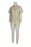 Holidays Women's Color Block Knit Turndown Collar Top & High Waist Shorts Two-Piece Set