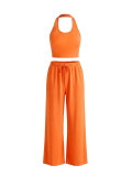 Women's Halter Neck Slim Fit Tank Top & Drawstring Wide Leg Pants Casual Sports Set