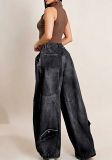 Women Washed Denim Wide Leg Pants With Pockets