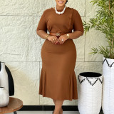 Summer African Women's Solid Round Neck Short Sleeve Career Slim Fit Plus Size Dress