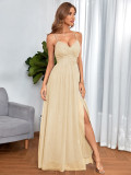 Women Cross Backless Slit Mesh Maxi Dress