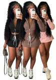 Women's Turndown Collar Zip Top & Drawstring Mini Skirt Two-Piece Set