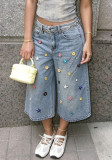 Women Spring/Summer Multi-Color Button Wide-Leg Denim Pant