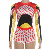 Women Summer Hip Hop Color-Blocked Top Polka Dot and Drawstring Shorts Two-Piece Set