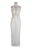 Holidays Women's Hollow Knit Halter Neck Deep V Chain Low Back Beach Cover-Up Maxi Dress