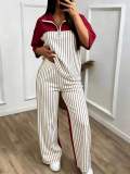 Women's Color Block Striped Half-Zip Top & Side Stripe Wide Leg Pants Set