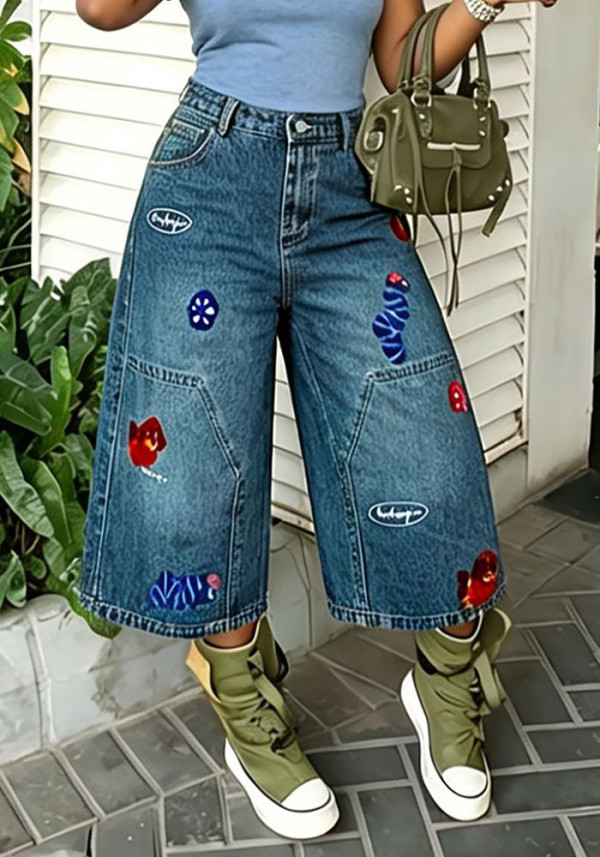 Women Spring/Summer Retro Fun Embroidered Wide-Leg Denim Pant