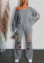Women's Ripped Off-Shoulder Long Sleeve Top & Ripped Pants Sports Two-Piece Set Women's Ripped Off-Shoulder Long Sleeve Top & Ripped Pants Sports Two-Piece Set